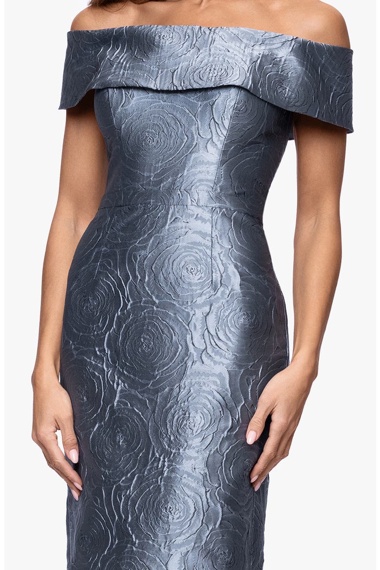 Metallic Jacquard Off the Shoulder Gown, Alternate, color, SLATE
