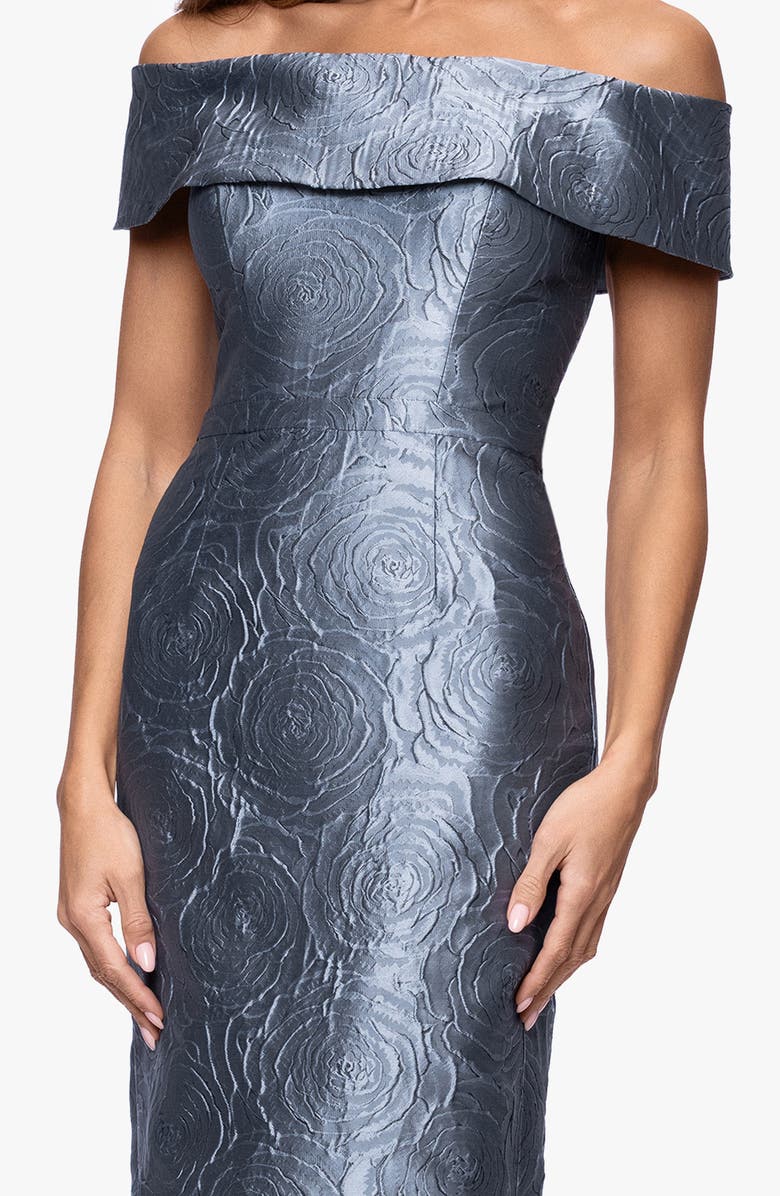 Xscape Evenings Metallic Jacquard Off the Shoulder Gown, Alternate, color, Slate