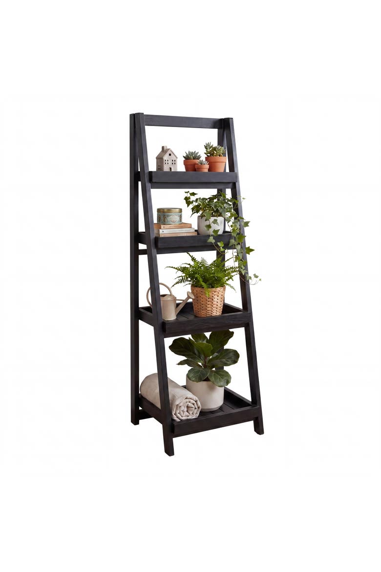 Everett Minimalist Handcrafted Acacia Wood 4-Tier Indoor/Outdoor Folding Display Ladder Storage Rack and Plant Stand, Main, color, Black