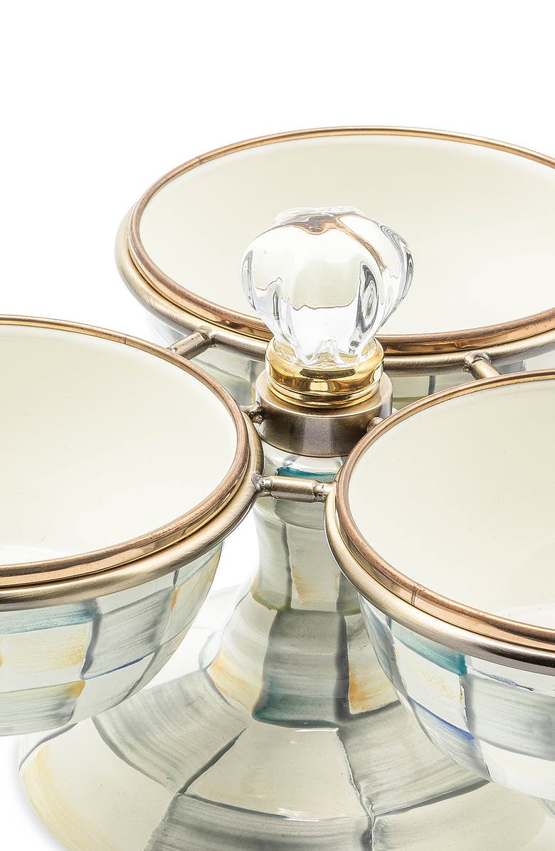 MACKENZIE CHILDS Sterling Check Enameled Steel Triplicity Bowls & Stand Set, Alternate, color, Grey/ White