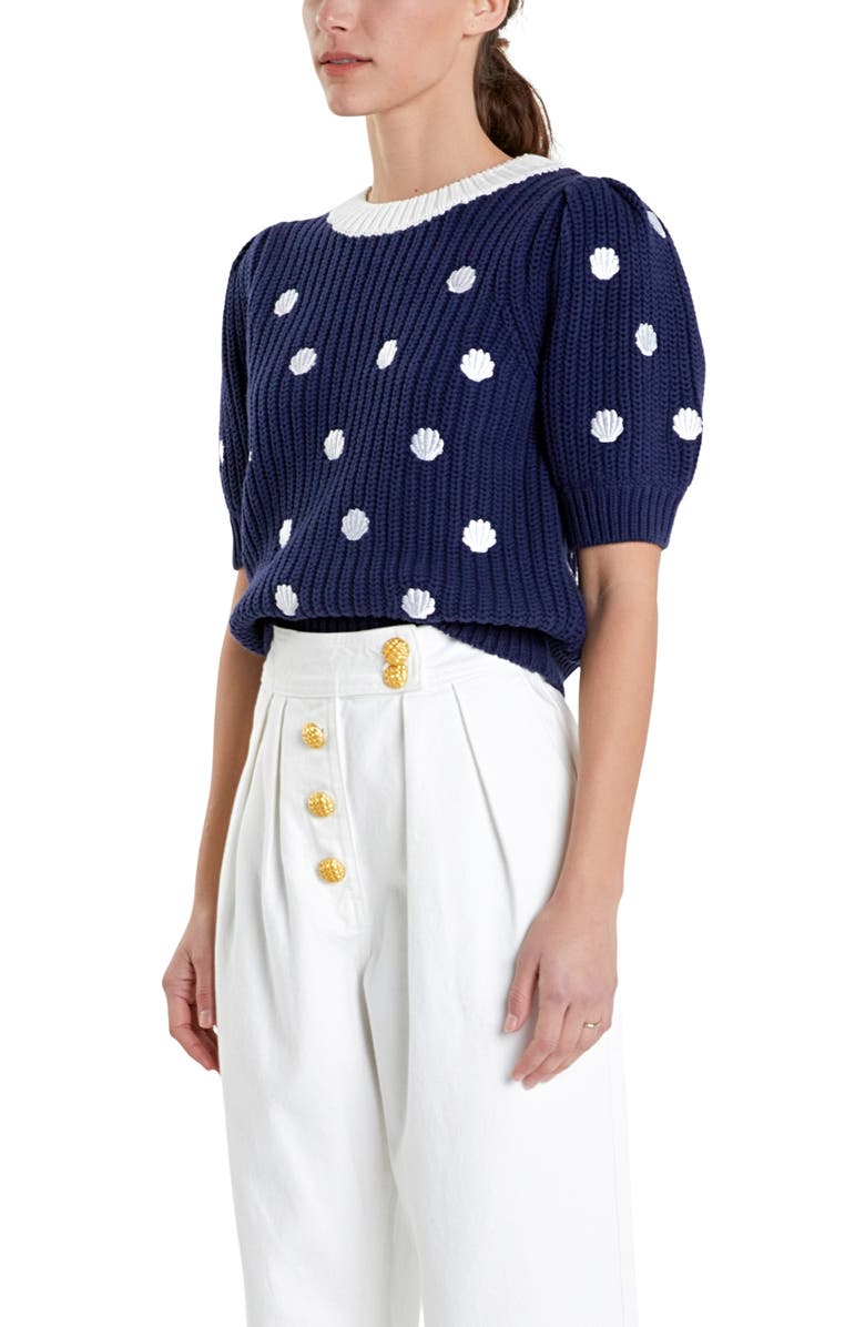 English Factory Shell Embroidered Puff Sleeve Sweater, Alternate, color, Navy/ White