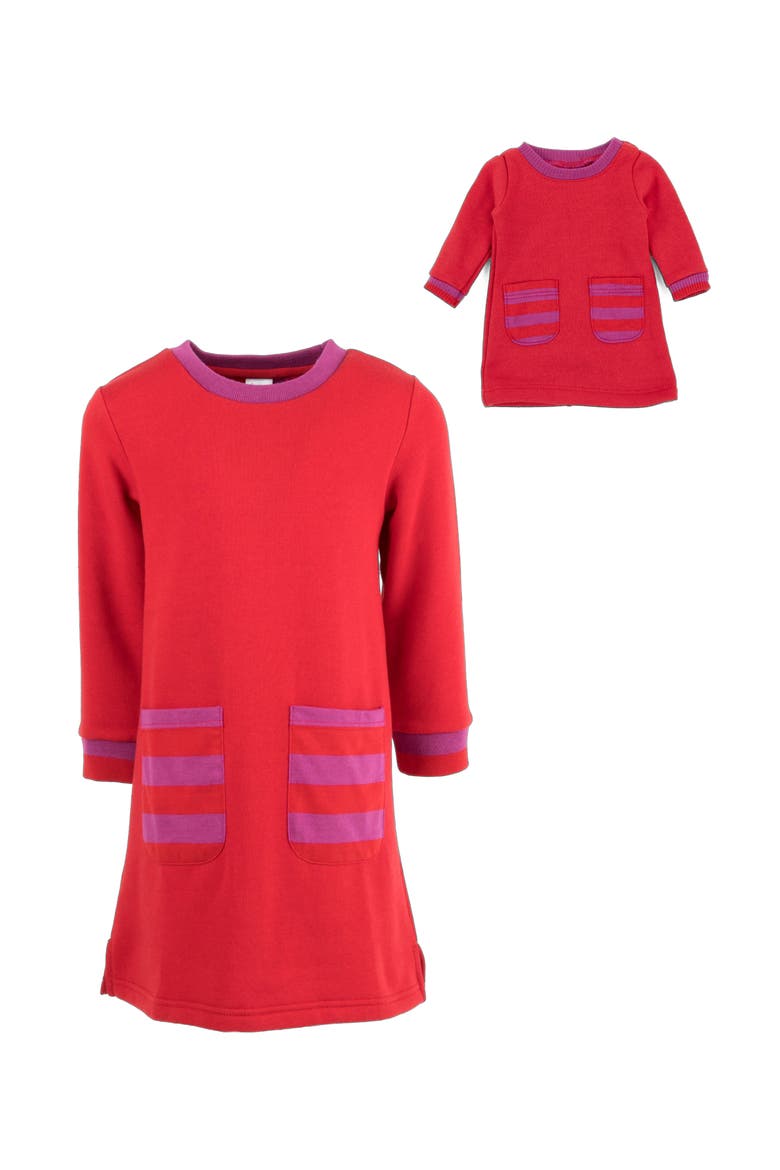 Girls Sweatshirt Dress with Matching Doll Dress, Alternate, color, RED