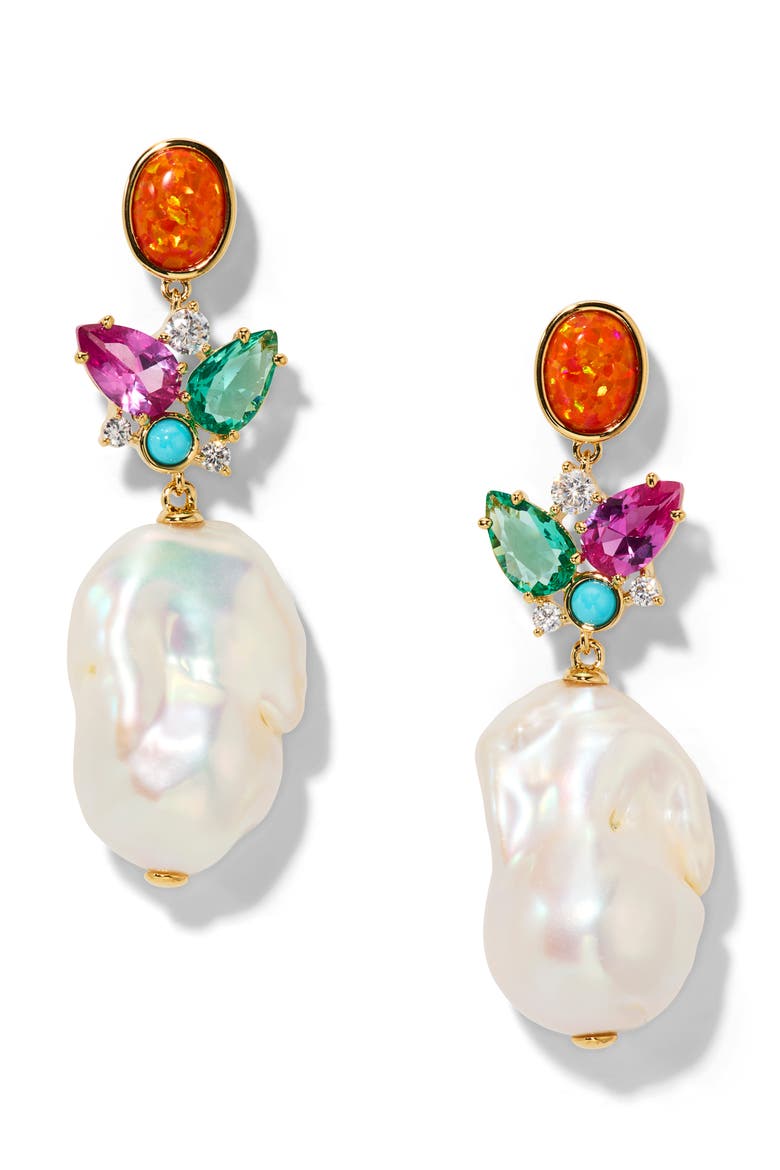 Frieda Cubic Zirconia & Freshwater Pearl Drop Earrings, Main, color, GOLD