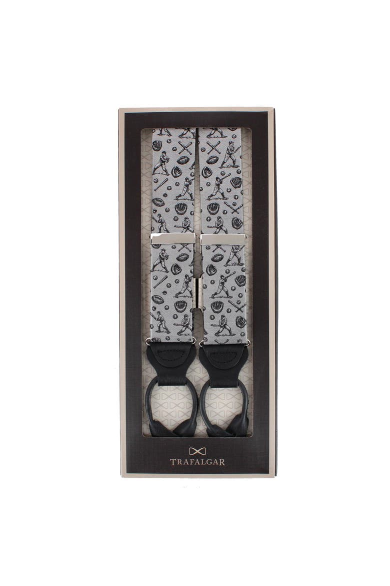 Batter Up Novelty Baseball Silk Button End Suspenders, Alternate, color, Silver