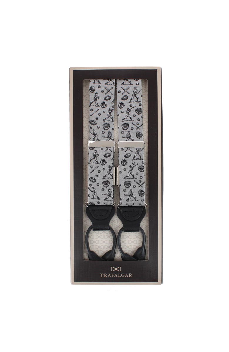 Trafalgar Batter Up Novelty Baseball Silk Button End Suspenders, Alternate, color, Silver