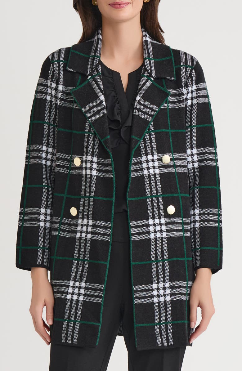 KASPER Plaid Longline Open Front Sweater Coat, Main, color, Evergreen Multi