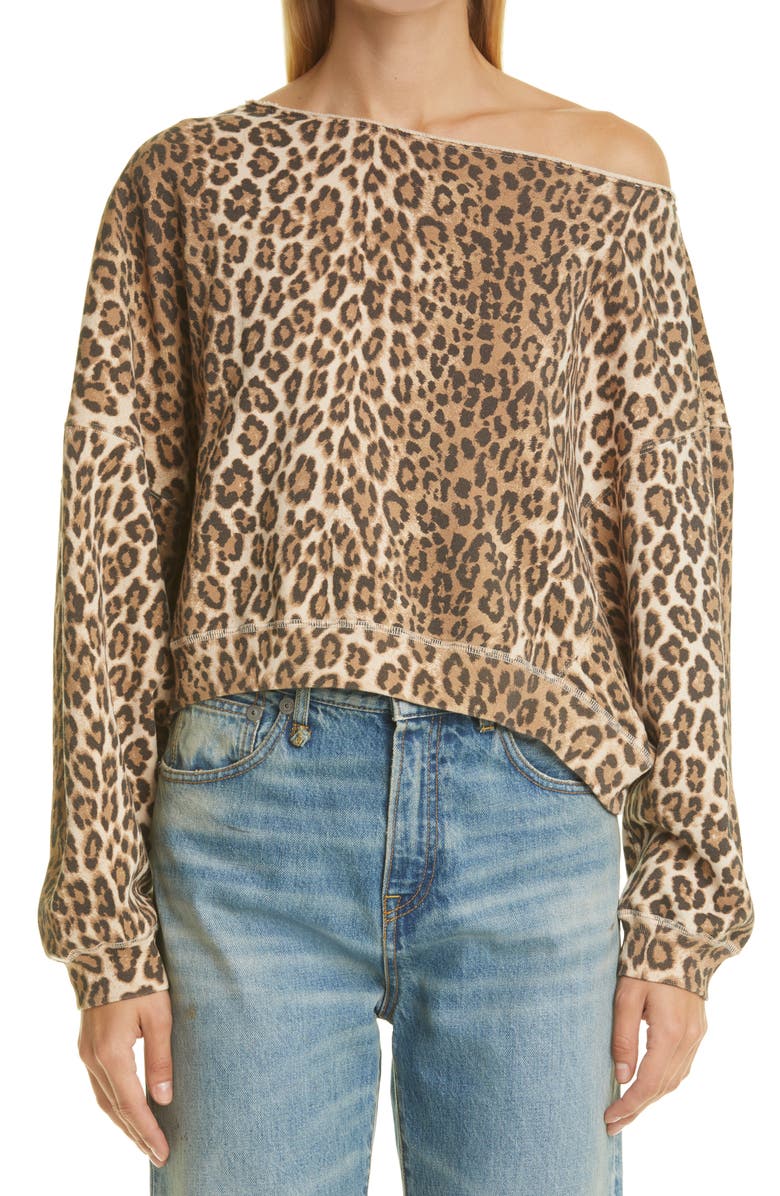 R13 Patti Leopard Print Asymmetric Off the Shoulder Sweatshirt, Main, color, 