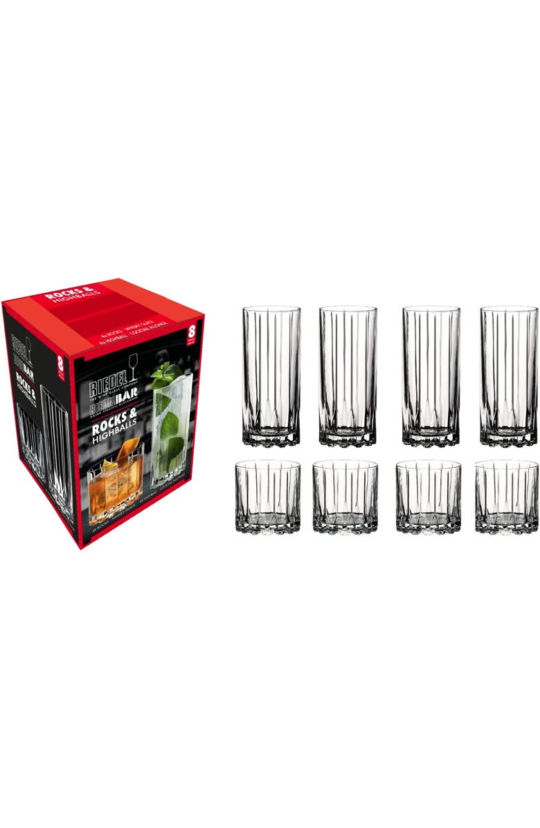 Riedel 8 Piece Bar Glassware Set, 4 Rocks and 4 Highball, Main, color, Clear