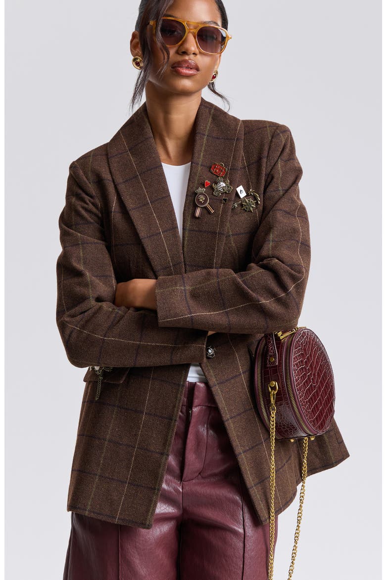 Plaid Longline Blazer, Alternate, color, RICH BROWN PLAID