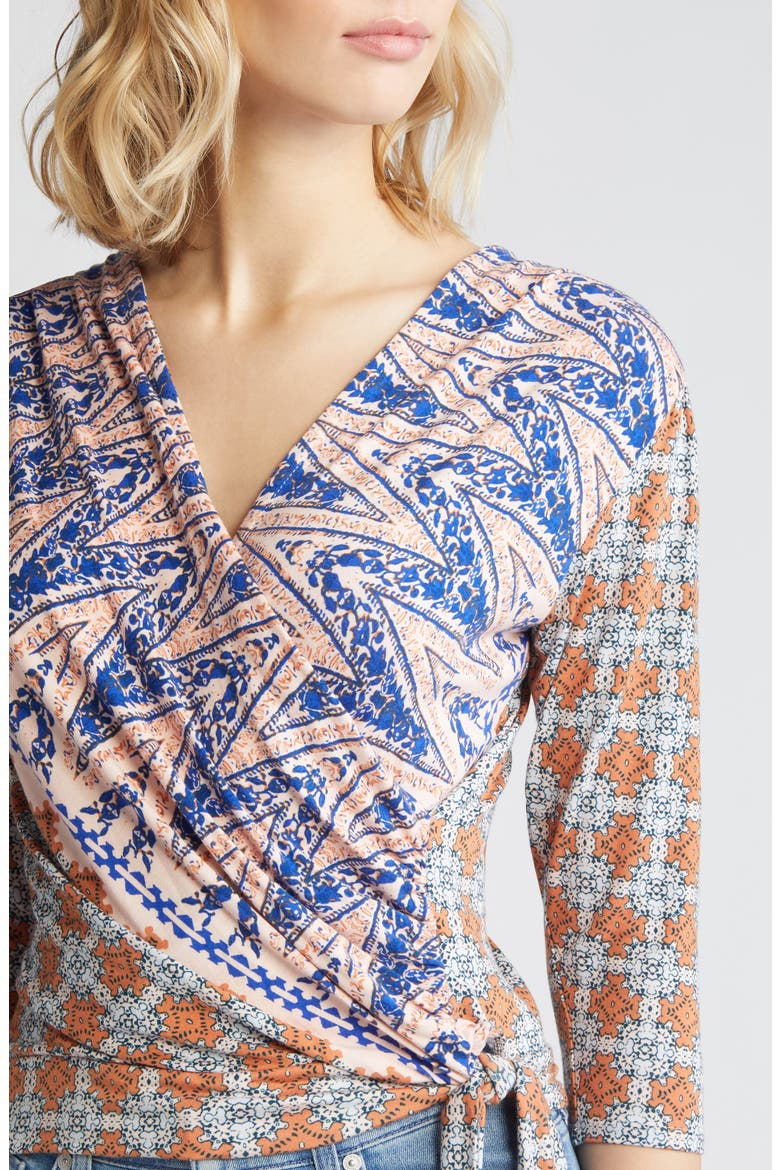 Print Tie Waist Faux Wrap Top, Alternate, color, BLUSH