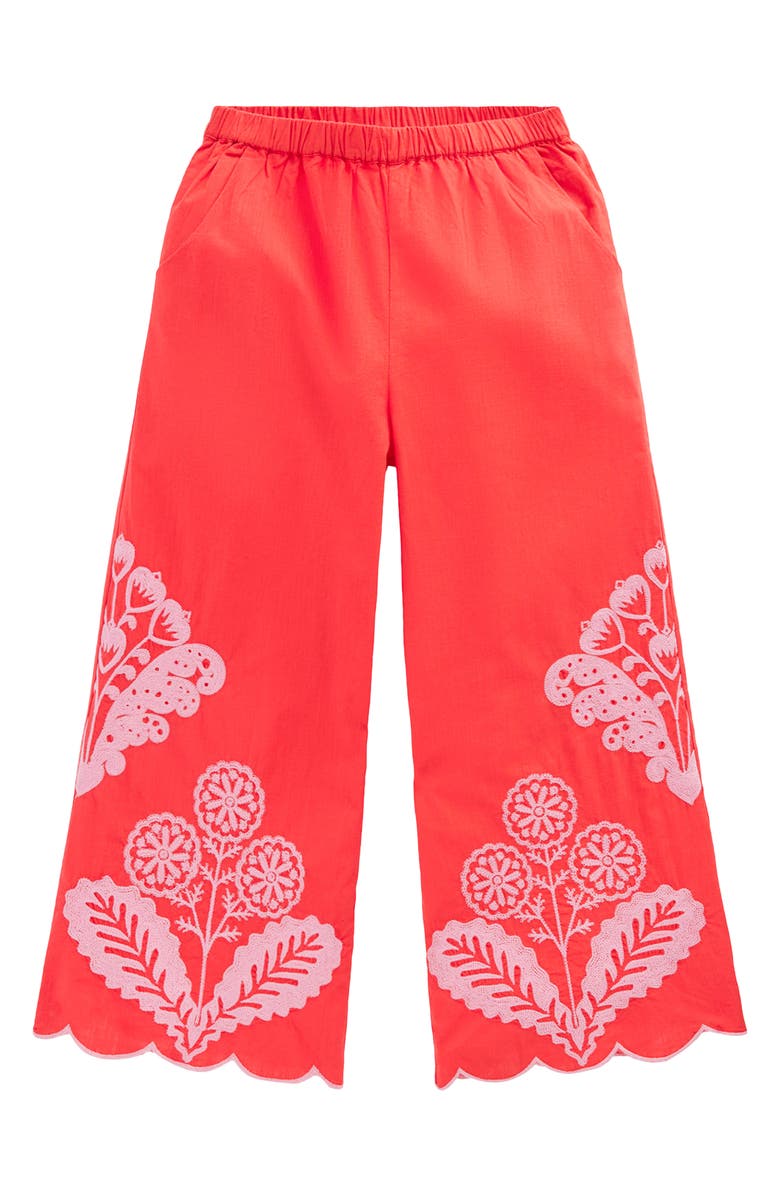 Mini Boden Kids' Embroidered Scallop Hem Wide Leg Pants, Main, color, Spicy Red Neon Embroidery