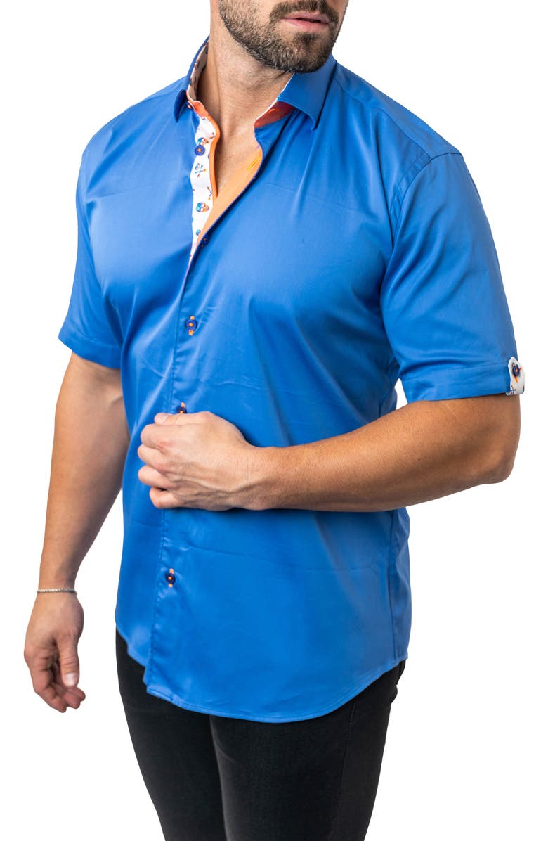 Maceoo Galileo Chefchaouen Blue Contemporary Fit Short Sleeve Button-Up Shirt, Alternate, color, 