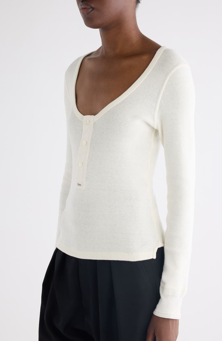 Chloé Scoop Neck Cotton Rib Henley, Alternate, color, Iconic Milk