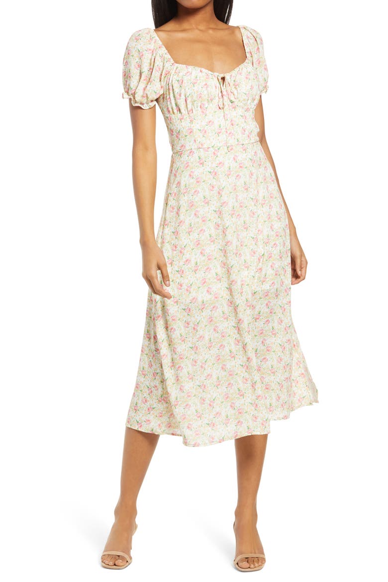 Puff Sleeve Midi Dress, Main, color, IVORY MULTI