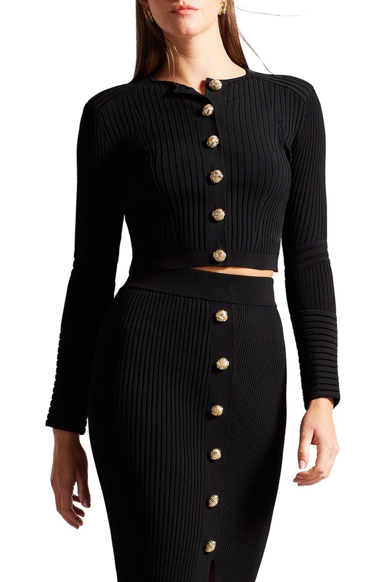 Janisaa Statement Button Rib Cardigan, Main, color, BLACK
