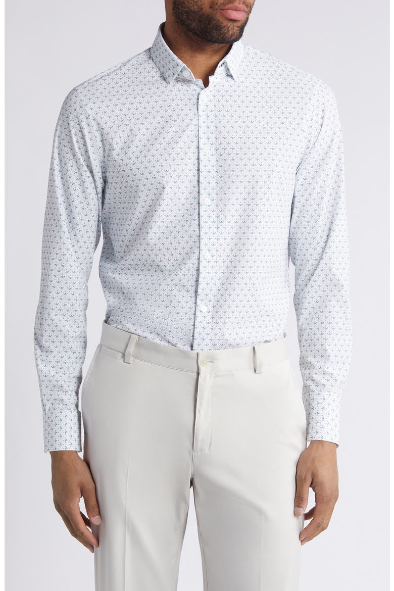 Leeward Trim Fit No Tuck Print Performance Button-Up Shirt, Main, color, SEA SPRAY DOTTED LEAVES