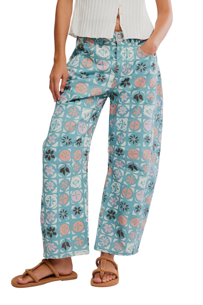 Print Barrel Leg Jeans, Main, color, JADE COMBO/ DITSY BLUE