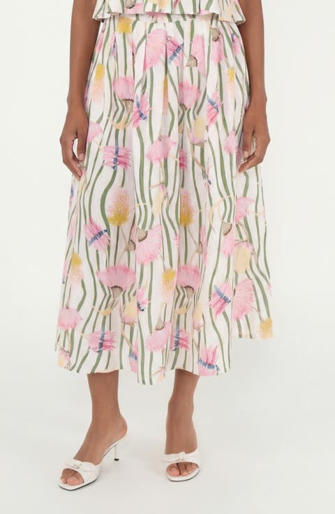 The Reef Print Pleated Linen & Cotton Maxi Skirt