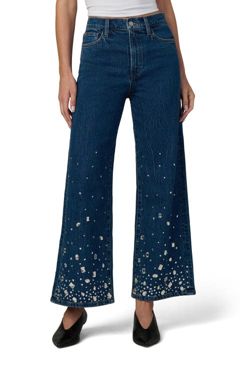 The Mia Stone Embellished Ankle Wide Leg Jeans (Crystal Sky)