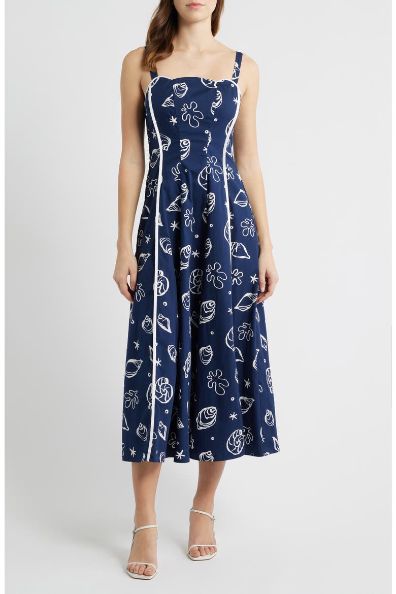 Shell Print Piped Cotton Midi Dress, Main, color, NAVY MULTI