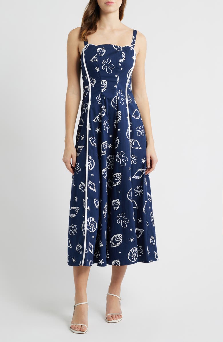 MOON RIVER Shell Print Piped Cotton Midi Dress, Main, color, Navy Multi