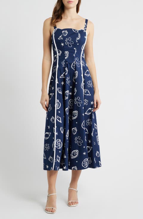 Shell Print Piped Cotton Midi Dress