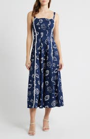 MOON RIVER Shell Print Piped Cotton Midi Dress