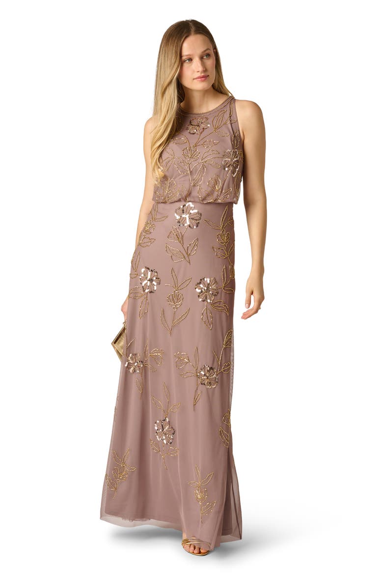 Beaded Floral Sleeveless Blouson Bodice Gown, Alternate, color, STONE