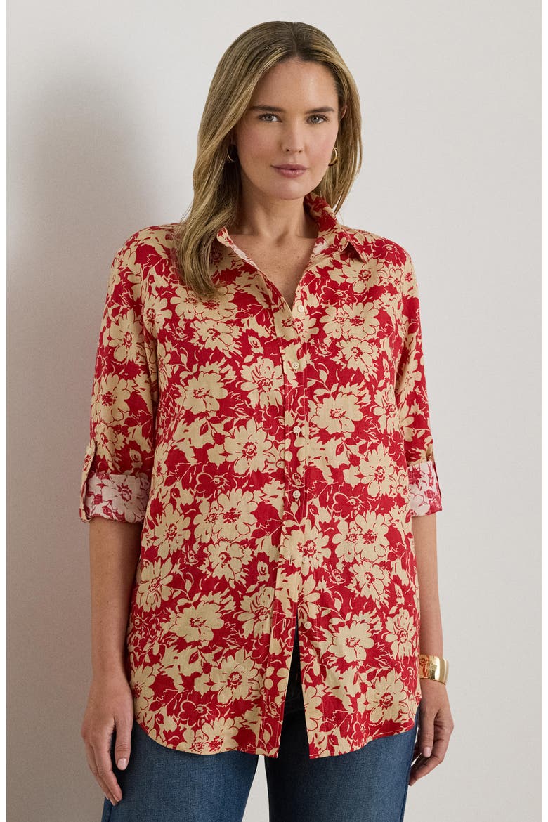Relaxed Fit Floral Linen Shirt, Alternate, color, RED/ BEIGE