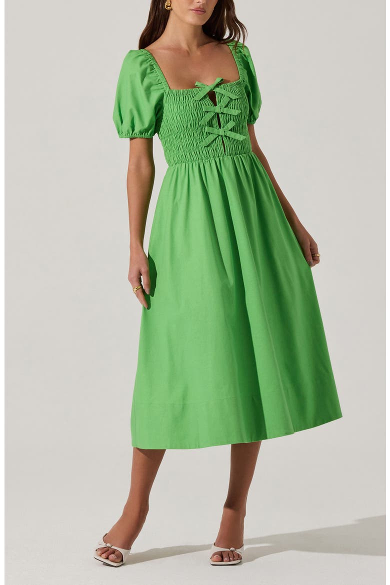 Bow Detail Smock Bodice Cotton Blend Dress, Alternate, color, GREEN