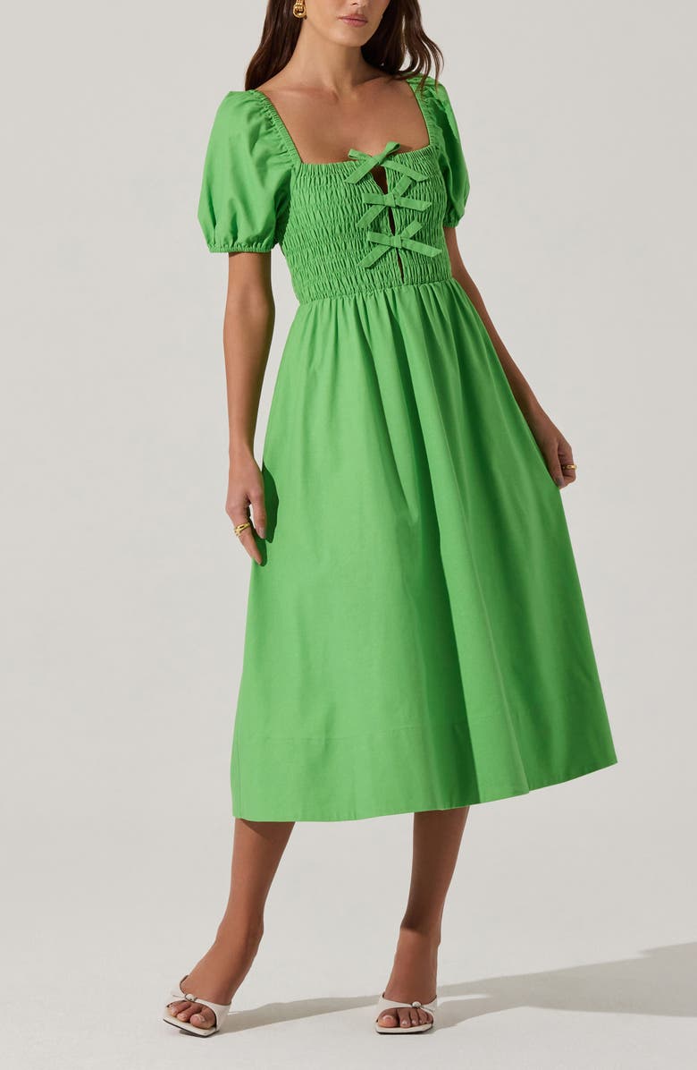 ASTR the Label Bow Detail Smock Bodice Cotton Blend Dress, Alternate, color, Green