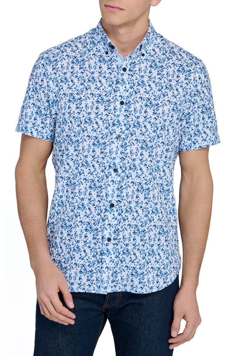 Slim Fit 4-Way Stretch Short Sleeve Button-Up Performance Shirt, Main, color, WHITE/ BLUE