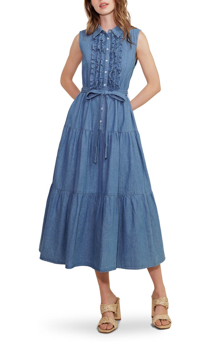 FREEMARKET Ruffle Tiered Denim Shirtdress, Main, color, Denim Blue