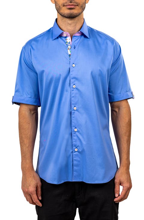 Galileo Resistance372 Blue Short Sleeve Cotton Button-Up Shirt