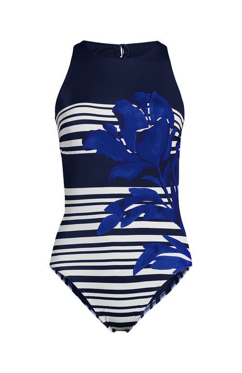 Lands' End Tugless High Neck Portrait Back One Piece Swimsuit In Blue
