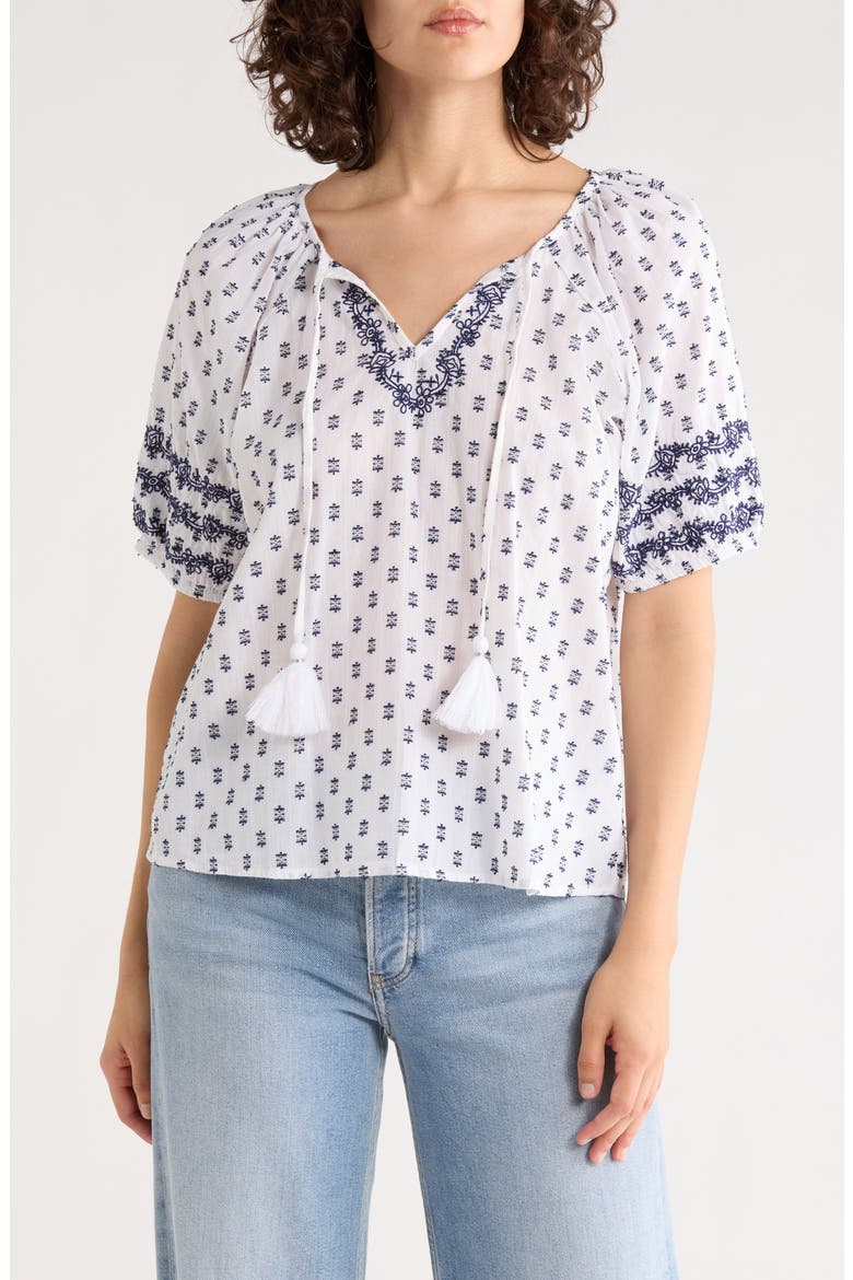 Tassel Ties Embroidered Raglan Sleeve Top, Main, color, NAVY DOT