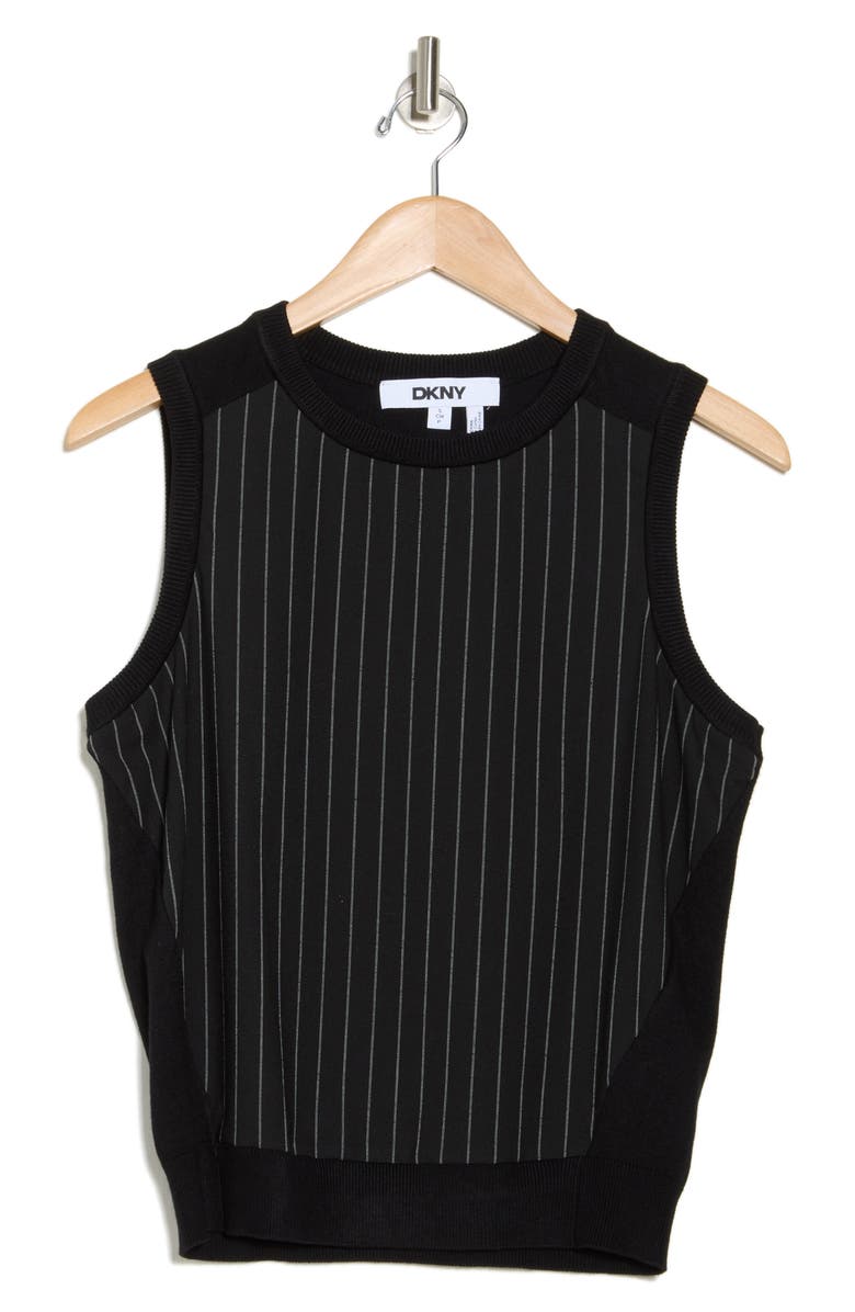 DKNY Mixed Media Sleeveless Sweater, Alternate, color, Black/ Ivory Pinstripe