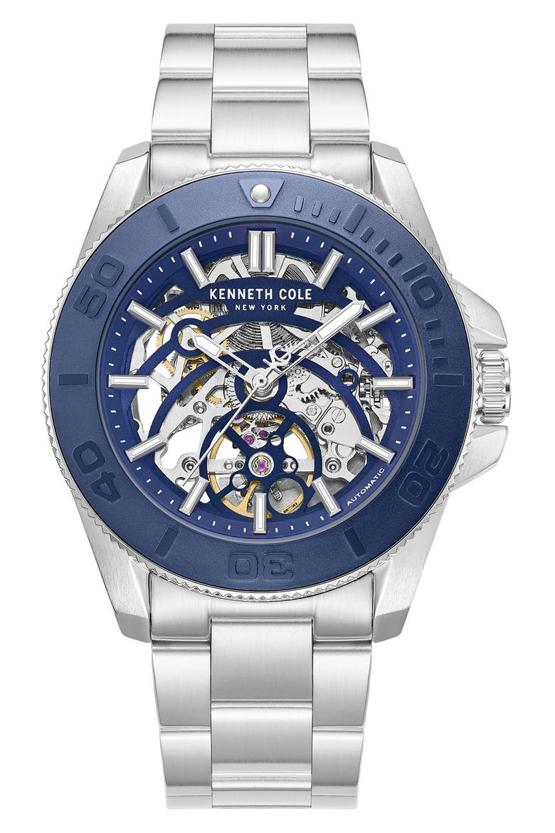 Skeleton Automatic Bracelet Watch, 43mm, Main, color, SILVER