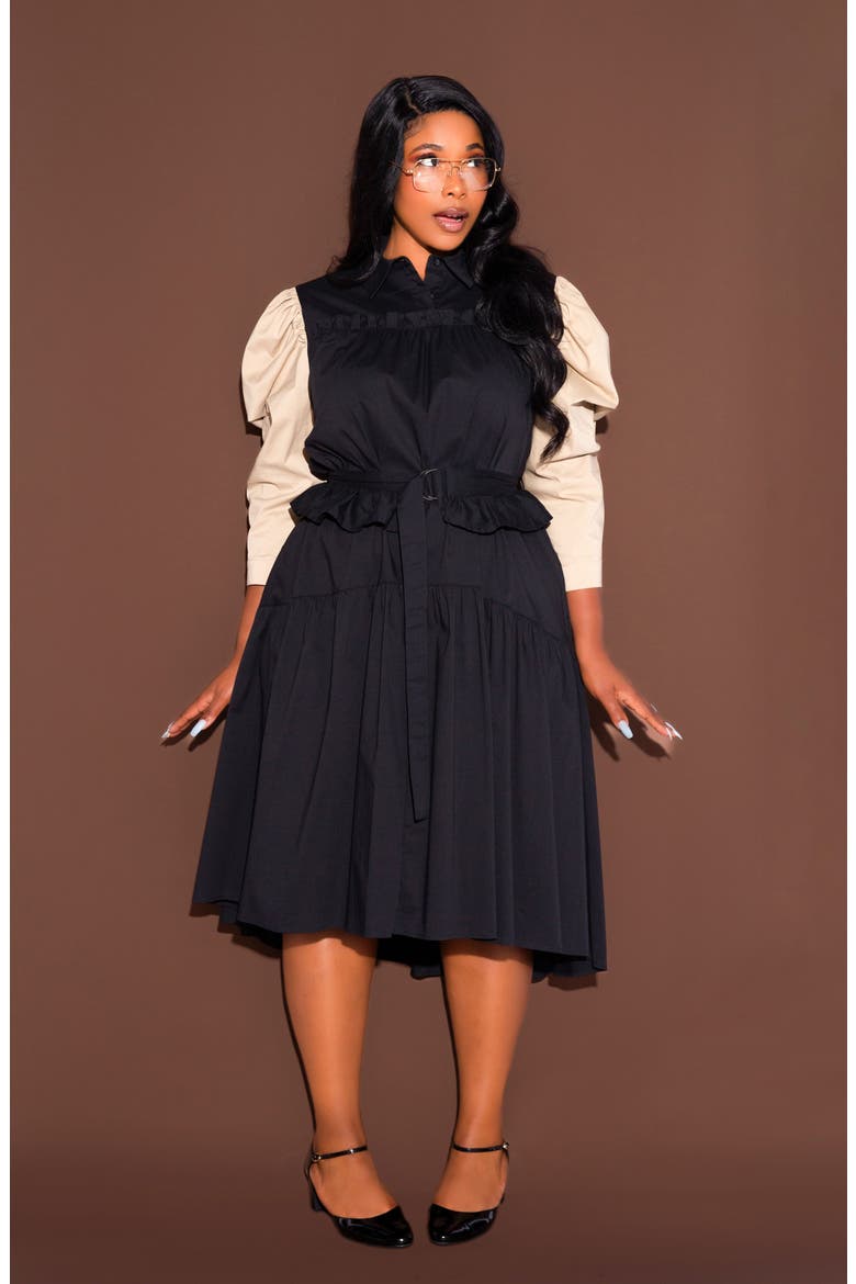 Contrast Puff Shoulder Dress, Alternate, color, BLACK