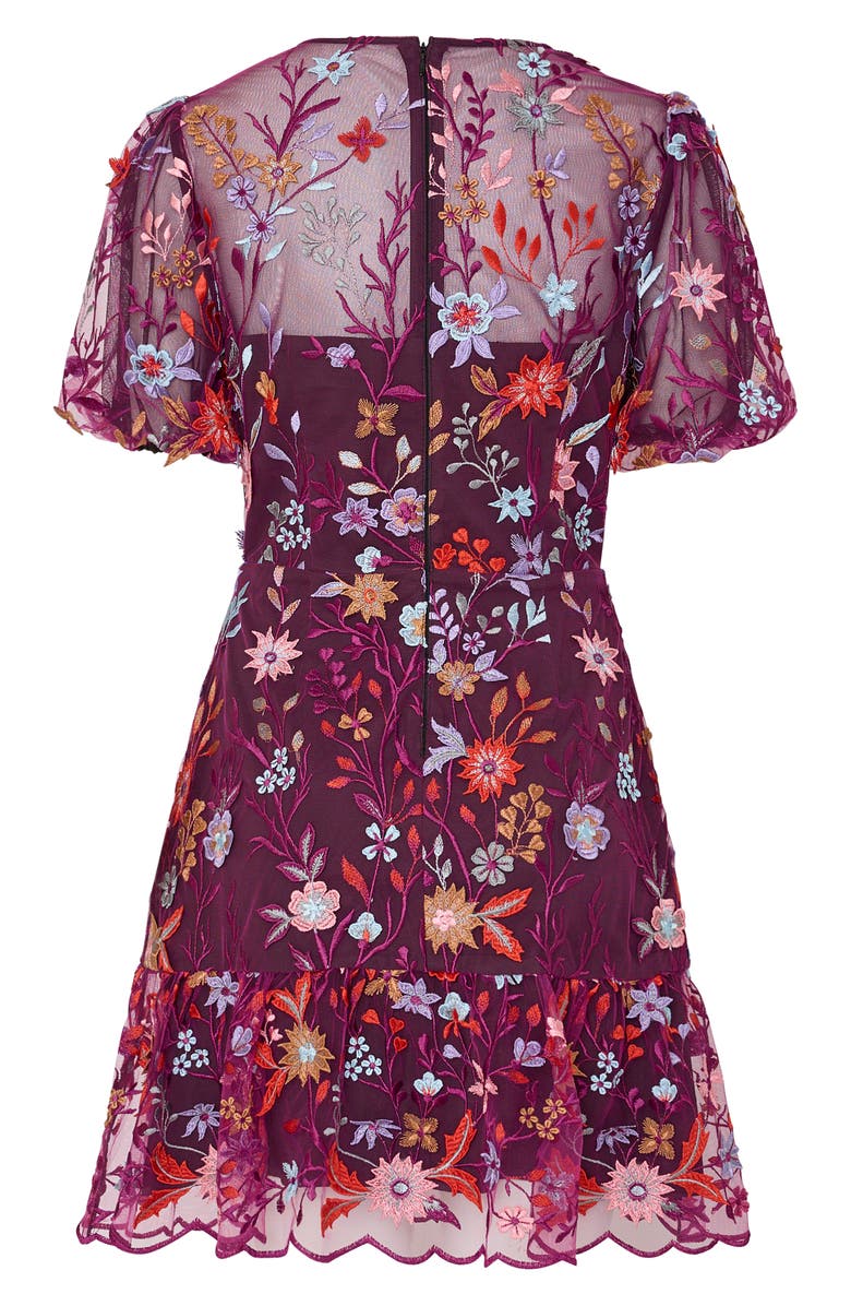 Milly Yasmin Floral Embroidered Puff Sleeve Mesh Fit & Flare Dress, Alternate, color,