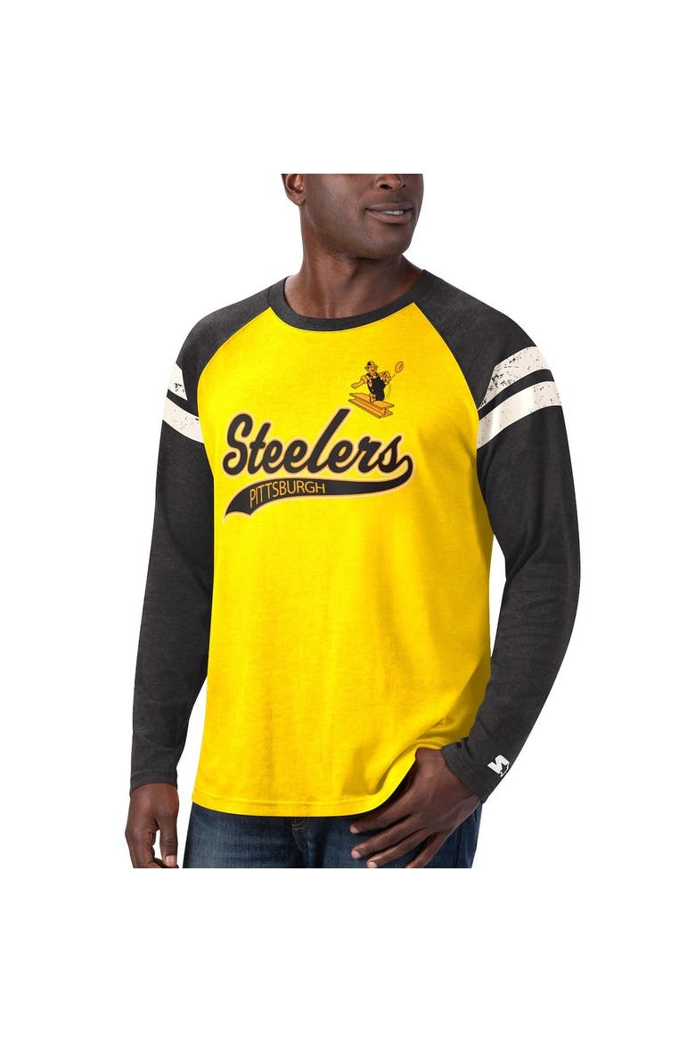 Men's Starter Gold/Black Pittsburgh Steelers Throwback League Raglan Long Sleeve Tri-Blend T-Shirt, Alternate, color, Gold
