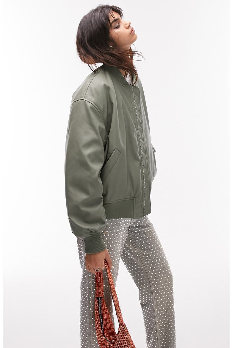 Faux Leather Crop Bomber Jacket, Main, color, MEDIUM GREEN