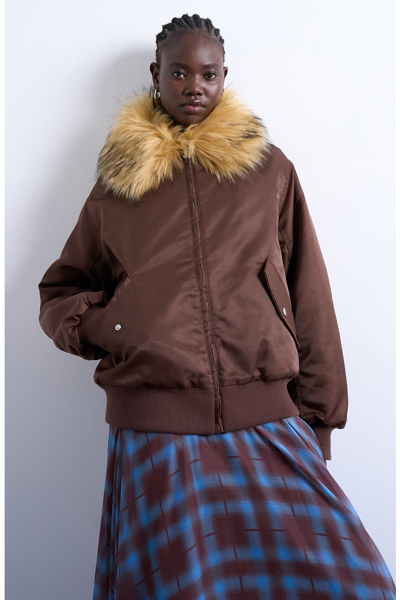 Nylon Bomber Jacket with Faux Fur Collar, Main, color, BROWN