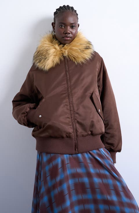 Nylon Bomber Jacket with Faux Fur Collar