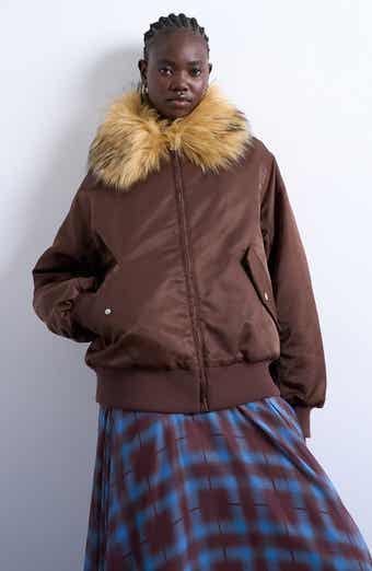Topshop Nylon Bomber Jacket with Faux Fur Collar