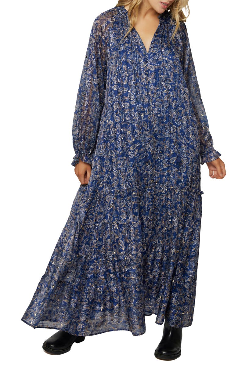 Lost + Wander Wish Upon Paisley Print Split Neck Long Sleeve Maxi Dress, Alternate, color, 