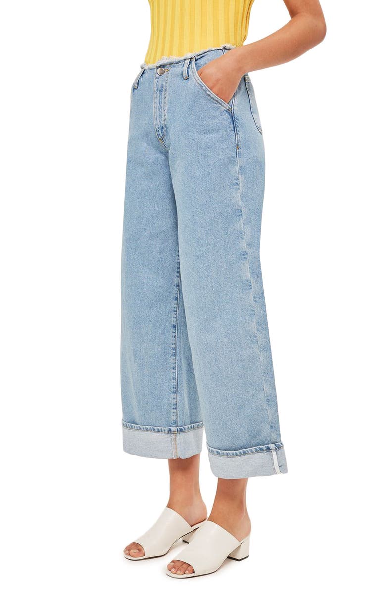 Topshop Boutique Frayed Waist Super Wide Leg Jeans, Alternate, color, 