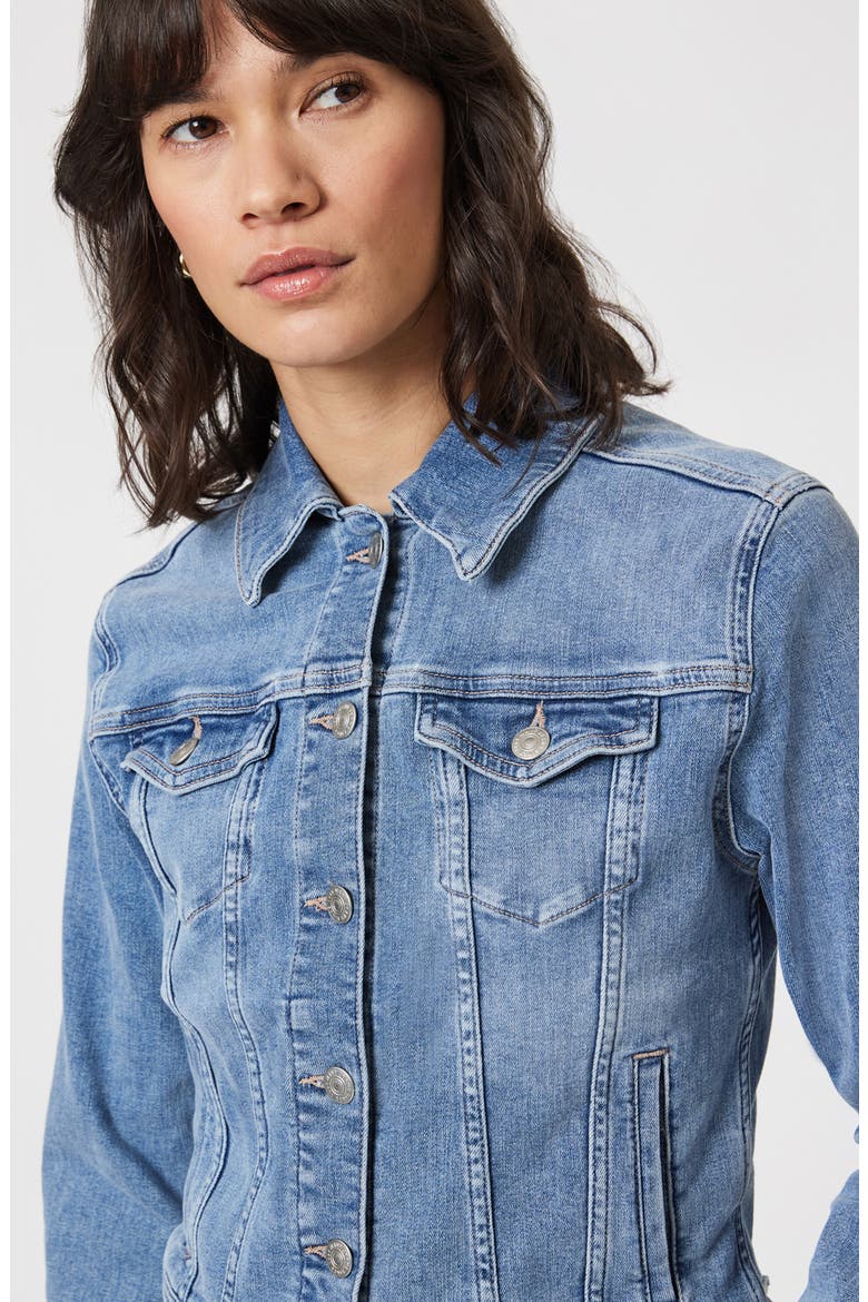 Cecilia Slim Fit Denim Trucker Jacket, Alternate, color, LIGHT BRUSHED FLEX BLUE
