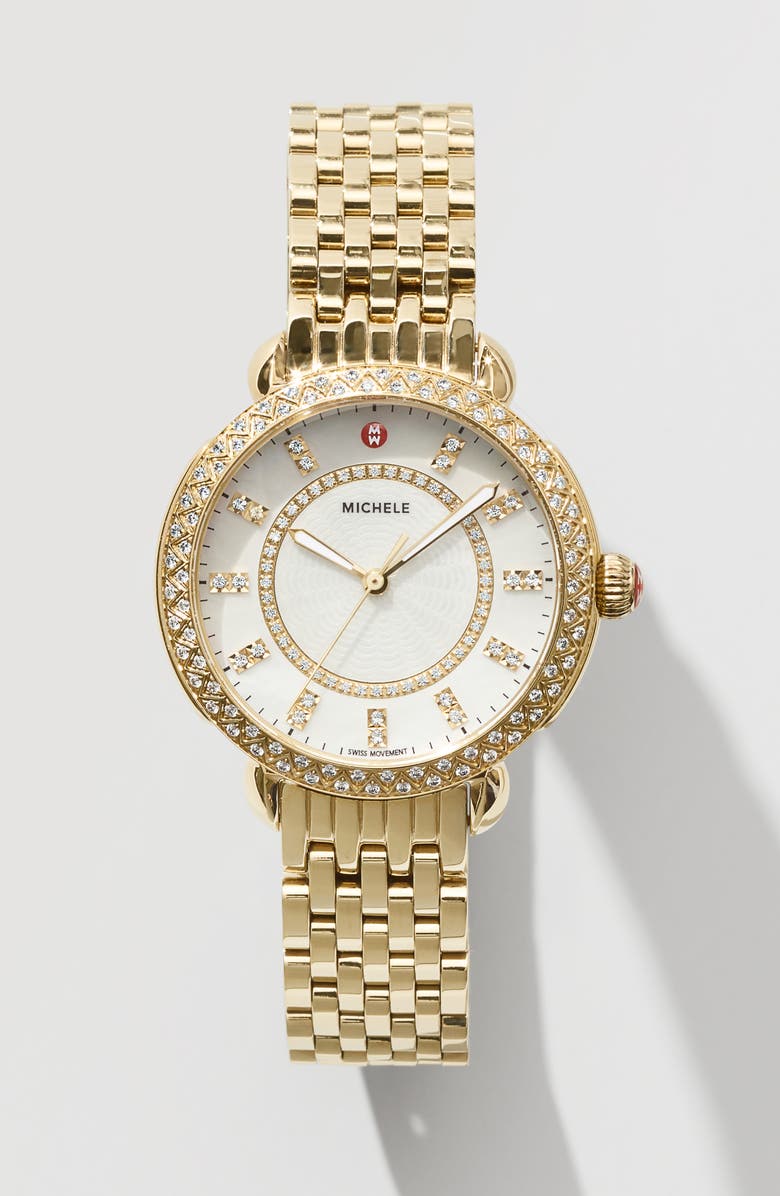 MICHELE Sidney Classic Diamond Bracelet Watch, 33mm, Alternate, color, Gold/ White Mop/ Gold