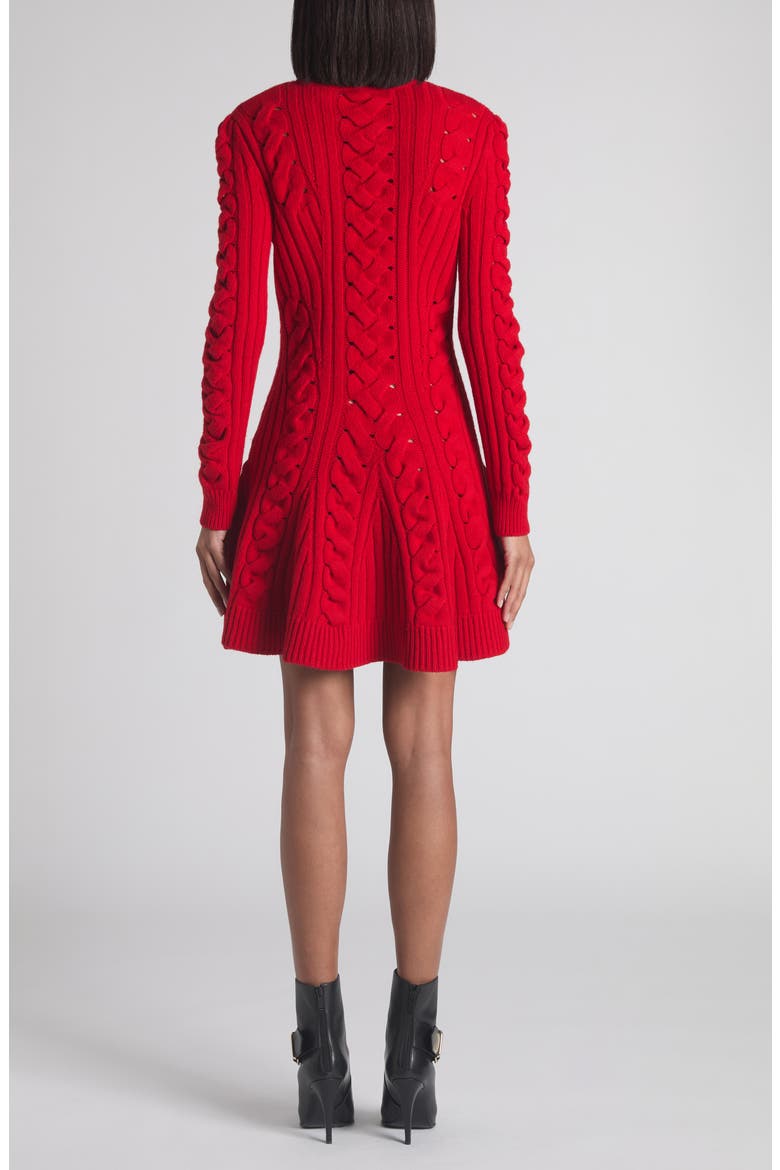 Long Sleeve Cable Knit Wool & Cashmere Mini Sweater Dress, Alternate, color, POPPY RED
